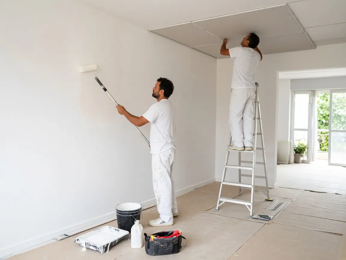 Equipe pintando parede e instalando forro de drywall